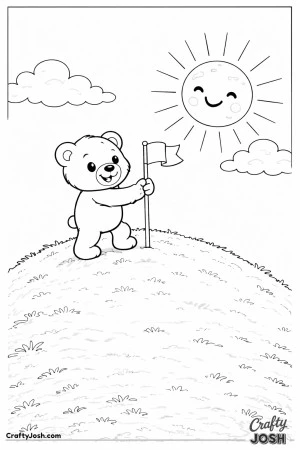 A happy teddy bear plants a small flag at the top of a gently rounded hill beneath a smiling sun and fluffy clouds