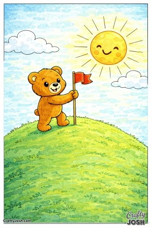 A happy teddy bear plants a small flag at the top of a gently rounded hill beneath a smiling sun and fluffy clouds