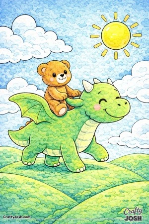A cheerful teddy bear rides a friendly dragon as they walk across gentle rolling hills beneath large clouds and a bright smiling sun