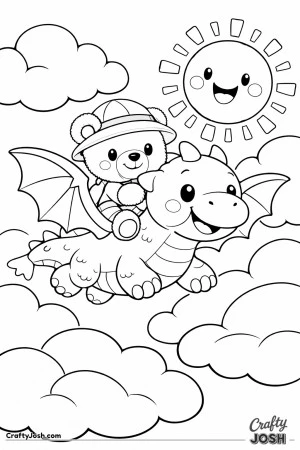 A friendly teddy bear wearing an explorer hat gently rides a smiling dragon as they fly among oversized clouds and a cheerful sun in a soft fantasy ..