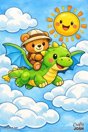 A friendly teddy bear wearing an explorer hat gently rides a smiling dragon as they fly among oversized clouds and a cheerful sun in a soft fantasy ..