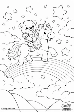 A brave teddy bear rides a friendly unicorn across a rainbow bridge high in the sky, surrounded by clouds and large shining stars