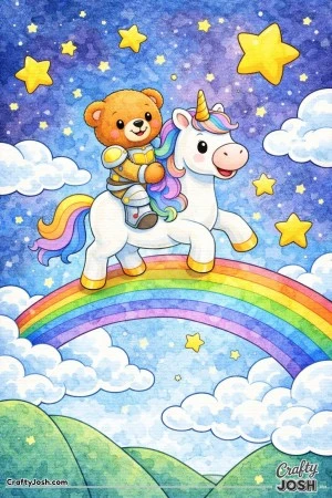 A brave teddy bear rides a friendly unicorn across a rainbow bridge high in the sky, surrounded by clouds and large shining stars