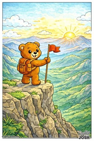 A proud teddy bear stands on a mountain summit holding a small flag while layered mountain ranges and a rising sun stretch across the horizon
