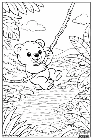 A playful teddy bear swings across a jungle vine over a small rounded river, surrounded by large tropical leaves and soft rolling hills