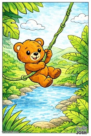 A playful teddy bear swings across a jungle vine over a small rounded river, surrounded by large tropical leaves and soft rolling hills