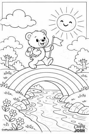 A happy teddy bear walks across a thick rainbow bridge over a small river beneath a big smiling sun and fluffy clouds