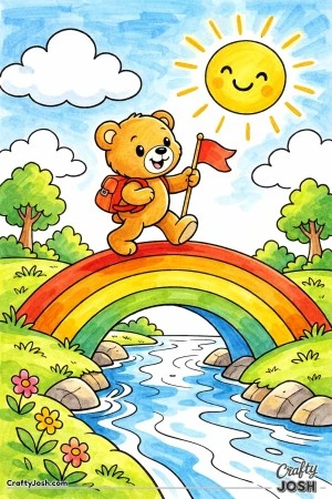 A happy teddy bear walks across a thick rainbow bridge over a small river beneath a big smiling sun and fluffy clouds