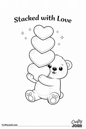A teddy bear carefully balances three large hearts stacked in its paws with the phrase “Stacked with Love” above and small sparkles nearby