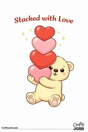 A teddy bear carefully balances three large hearts stacked in its paws with the phrase “Stacked with Love” above and small sparkles nearby