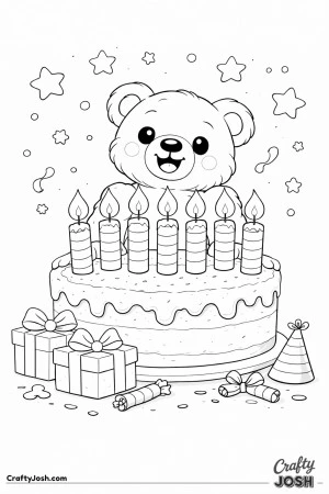 A teddy bear stands behind a wide round birthday cake topped with seven thick candles while star shapes float around the flames