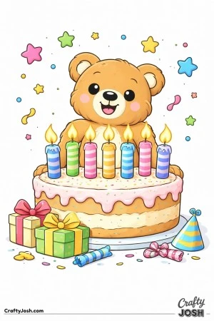 A teddy bear stands behind a wide round birthday cake topped with seven thick candles while star shapes float around the flames