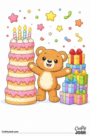 A teddy bear stands with arms open wide between a tall cake tower and a stacked pile of wrapped birthday presents, with large stars floating above