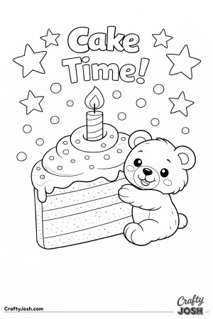 A happy teddy bear leans against a giant upright slice of birthday cake with a candle under the words “Cake Time!” Download this birthday teddy ..
