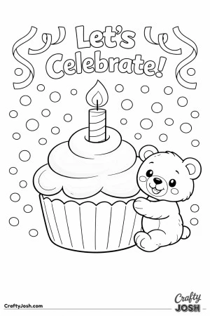 A teddy bear leans against a giant cupcake with a single candle under the words “Let’s Celebrate!” Download this birthday teddy bear coloring ..