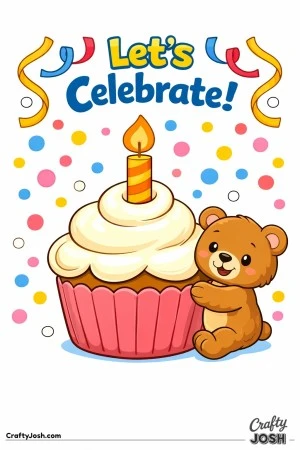 A teddy bear leans against a giant cupcake with a single candle under the words “Let’s Celebrate!” Download this birthday teddy bear coloring ..