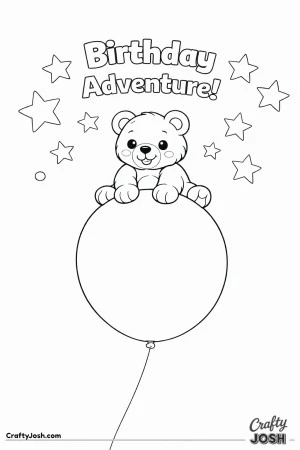 A teddy bear sits playfully on top of a giant round balloon with stars floating above and the words “Birthday Adventure!” overhead