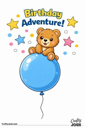 A teddy bear sits playfully on top of a giant round balloon with stars floating above and the words “Birthday Adventure!” overhead