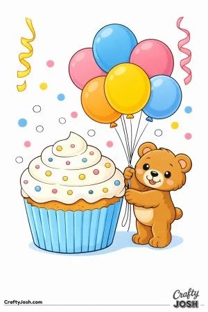 teddy bear, birthday teddy bear, giant cupcake, birthday balloons, bear with balloons, birthday celebration, kids birthday coloring, printable teddy ..