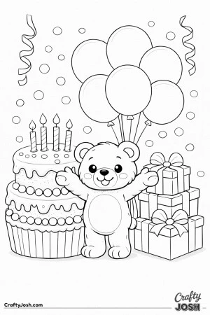 A teddy bear stands in the center with a large cake on one side, stacked presents on the other, and oversized balloons floating above