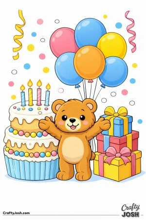 A teddy bear stands in the center with a large cake on one side, stacked presents on the other, and oversized balloons floating above