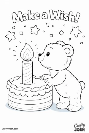 A teddy bear leans forward to blow out a large candle on top of a round birthday cake with stars and confetti above