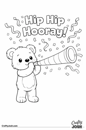 A teddy bear stands blowing a large party horn that stretches across the page while thick streamers decorate the top and the words “Hip Hip ..