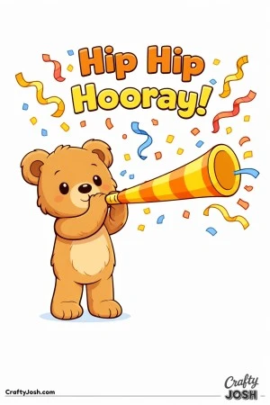 A teddy bear stands blowing a large party horn that stretches across the page while thick streamers decorate the top and the words “Hip Hip ..