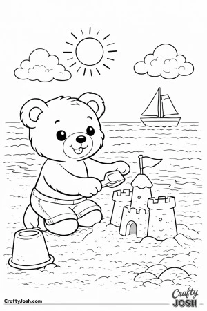 A cheerful teddy bear builds a small sandcastle on the beach while a sailboat floats in the distance under a bright sun and fluffy clouds
