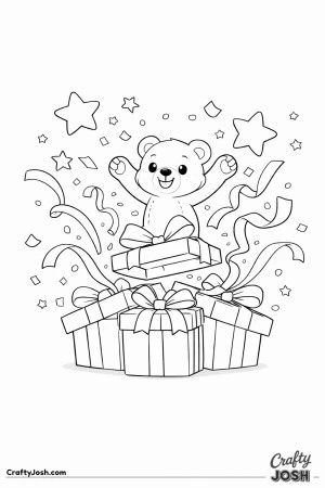 A teddy bear stands behind stacked presents with the lids popping upward while stars and ribbon curls burst outward