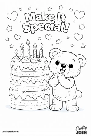 A teddy bear stands clapping in front of a tall layered birthday cake that is slightly taller than the bear, with hearts and stars floating above and ..