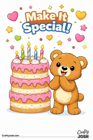 A teddy bear stands clapping in front of a tall layered birthday cake that is slightly taller than the bear, with hearts and stars floating above and ..