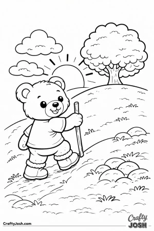 A cheerful teddy bear climbs a gently sloped hill with a walking stick as the sun rises behind a large rounded tree and fluffy clouds