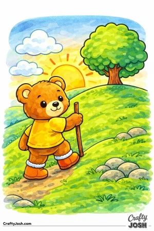 A cheerful teddy bear climbs a gently sloped hill with a walking stick as the sun rises behind a large rounded tree and fluffy clouds
