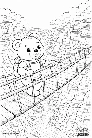 A brave teddy bear carefully crosses a rope bridge high above a winding river with layered canyon cliffs stretching into the distance