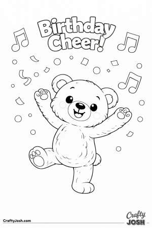 A teddy bear dances with one foot lifted and both paws raised while music notes and confetti float above beneath the phrase “Birthday Cheer!”