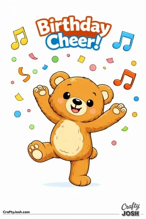A teddy bear dances with one foot lifted and both paws raised while music notes and confetti float above beneath the phrase “Birthday Cheer!”