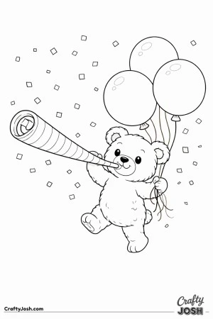 A dancing teddy bear blows a large party horn while holding balloons with confetti floating all around