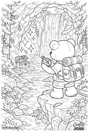 An adventurous teddy bear discovers a hidden waterfall behind rocky cliffs where a treasure chest and sparkling star shapes glow inside the cave