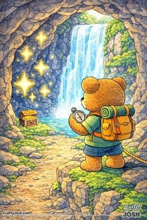An adventurous teddy bear discovers a hidden waterfall behind rocky cliffs where a treasure chest and sparkling star shapes glow inside the cave