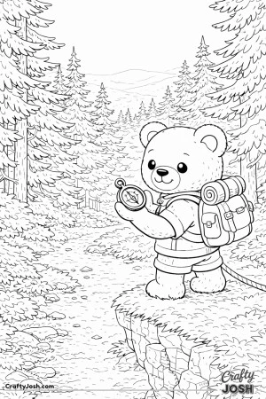 A curious teddy bear stands on a forest trail holding a compass while tall pine trees and distant hills create a layered wilderness scene