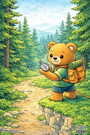 A curious teddy bear stands on a forest trail holding a compass while tall pine trees and distant hills create a layered wilderness scene
