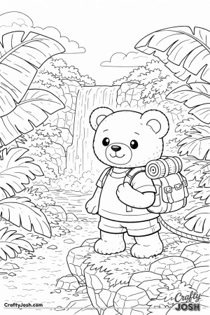 A friendly teddy bear explores a jungle trail framed by oversized tropical leaves with a simple waterfall flowing behind