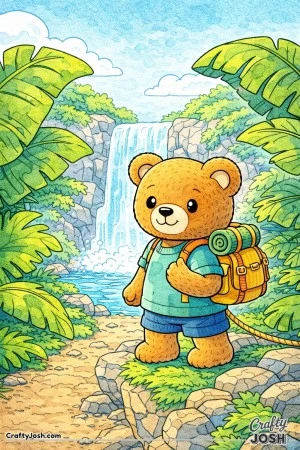 A friendly teddy bear explores a jungle trail framed by oversized tropical leaves with a simple waterfall flowing behind