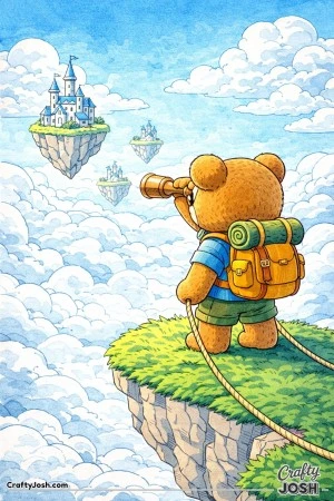 A curious teddy bear stands on a floating island using a telescope while distant islands with tiny castles hover among large layered clouds