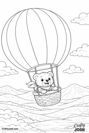 A cheerful teddy bear floats high above soft rolling hills in a large round hot air balloon surrounded by fluffy clouds