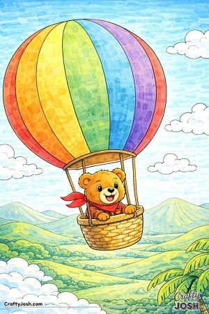 A cheerful teddy bear floats high above soft rolling hills in a large round hot air balloon surrounded by fluffy clouds