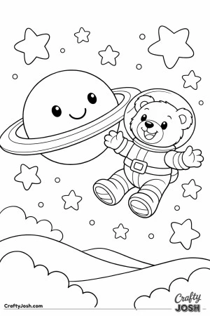 A cheerful teddy bear floats gently in space beside a large friendly planet with a ring, surrounded by big rounded stars