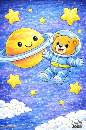 A cheerful teddy bear floats gently in space beside a large friendly planet with a ring, surrounded by big rounded stars
