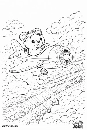 A brave teddy bear pilot flies a small propeller airplane diagonally through large clouds while rolling farmland fields stretch below